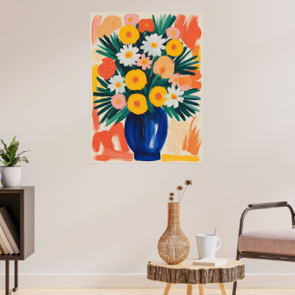 Poster Arranjo Floral Vibrante em Vaso Azul