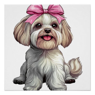 Póster Arrebitado Laço Havanês Mãe de Cachorro Menina Ros