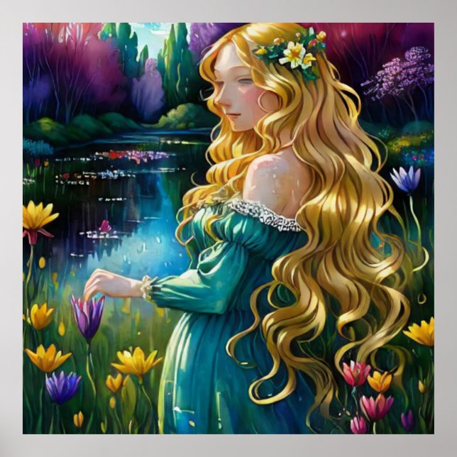 Poster *~ Art Blonde Woman Flowers Pond AP56 (Frente)