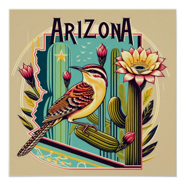 Póster Art Deco Arizona, pássaro e Design (Frente)