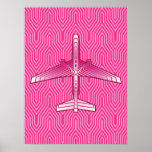 Póster Art Deco Avião, Fuchsia e Pastel Rosa<br><div class="desc">Impressão em uma Arte Deco inspirou o conceito de um plano futurista,  em um gradiente listrado e sedoso de fúchsia profunda a rosa pastel,  em um fundo fuchsia cor-de-rosa profundo,  em Deco</div>