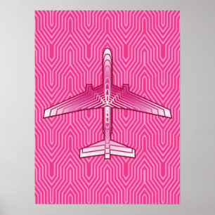 Póster Art Deco Avião, Fuchsia e Pastel Rosa
