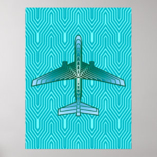Poster Art Deco Avião, Turquesa, Teal e Aqua