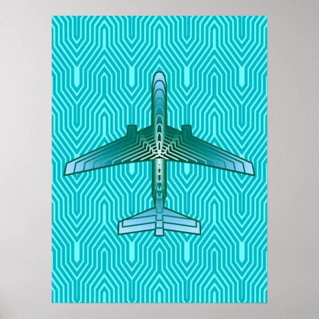 Poster Art Deco Avião, Turquesa, Teal e Aqua (Frente)