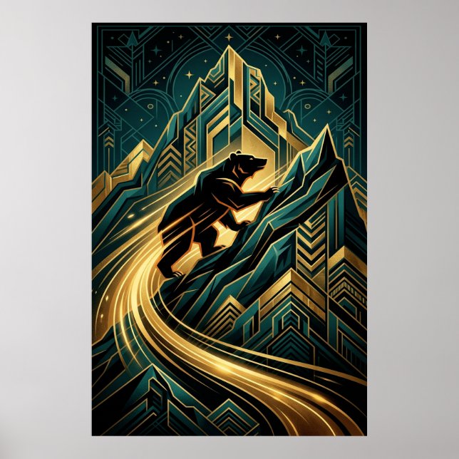 Poster Art Deco Bear Mountain Climb Golden Path (Frente)