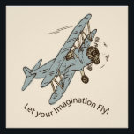 Póster Art Deco Bi-Aviões - deixe sua imaginação voar.<br><div class="desc">Um bi-plano azul de aço retrô desenhado à mão sobre um fundo creme. Esta é uma imagem transparente e o texto é uma parte fixa da imagem. Você pode alterar a cor de fundo e o tamanho e a posição da imagem e adicionar mais texto (talvez adicionar um nome?). Esta...</div>