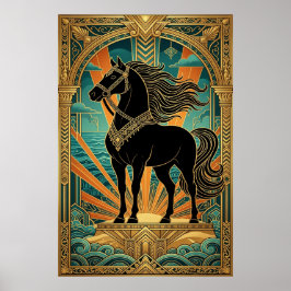 Poster Art Deco Black Horse Statue Sunburst Teal Gold