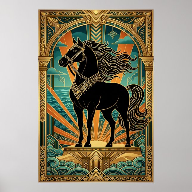 Poster Art Deco Black Horse Statue Sunburst Teal Gold (Frente)