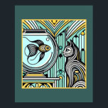 Poster Art Deco Cat and Fish Encontra - Olhos Curiosos<br><div class="desc">Nesta ilustração impressionante baseada na Arte Deco, um gato envenenado e um peixe elegante compartilham um momento de curiosidade mútua. A intrincada pele riscada do gato espelha as curvas hipnóticas das barbatanas dos peixes, criando uma interação harmoniosa entre linhas e padrões. Rico em brasa, ouro e preto, esse design capta...</div>