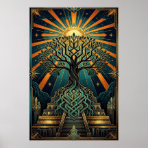 Art Deco Celtic Tree of Life Pyramid Gold Teal 