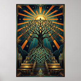 Poster Art Deco Celtic Tree of Life Pyramid Gold Teal