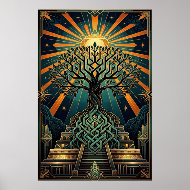 Poster Art Deco Celtic Tree of Life Pyramid Gold Teal  (Frente)