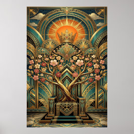 Poster Art Deco Cherry Blossom Tree Throne Gold Teal