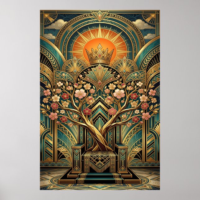 Poster Art Deco Cherry Blossom Tree Throne Gold Teal (Frente)