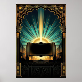 Poster Art Deco Cinema Popcorn Machine Gold & Teal