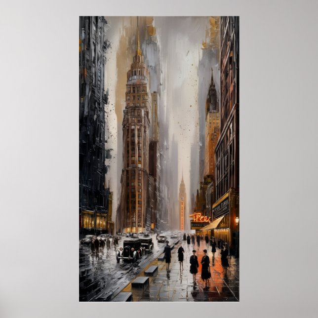 Poster Art Deco Cityscape: Ruas Molhadas e Arranha-céus (Frente)