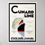 Póster Art Deco Cunard Line<br><div class="desc">Vintage Art Deco poster de viagens de um serviço transatlântico de Cunard Line em publicidade francesa para "Etats-Unis et Canada par Cherbourg et Le Havre"</div>