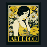 Póster Art Deco Day Woman & Flowers<br><div class="desc">Celebrar o Dia do Deco de Arte com um design de Deco de Arte com uma mulher cercada por flores amarelas e creme.</div>