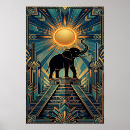 Poster Art Deco Elephant Pyramid Golden Sunset