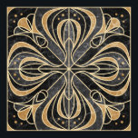 Poster Art Deco Floral. Dourado e mármore<br><div class="desc">Azulejo de mármore Art Deco estilizou o ornamento floral com bluebells. Imitação de azulejos de mármore com contorno de ouro (cinzas e areia)</div>