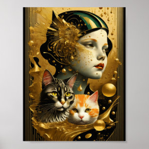 Poster Art Deco Girl and cats