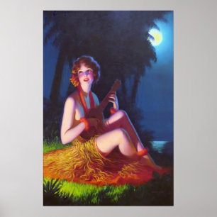 Poster Art Deco Girl in Moonlight com Banjo