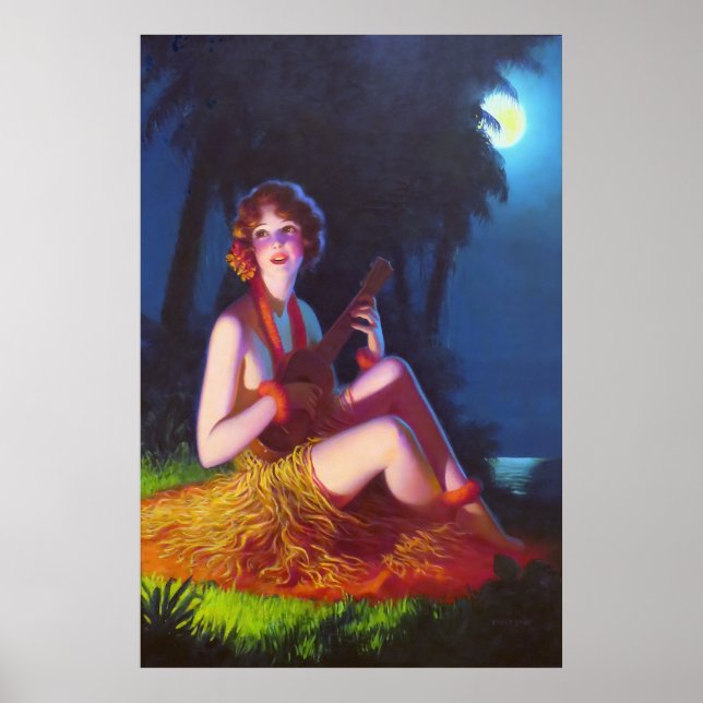 Poster Art Deco Girl in Moonlight com Banjo (Frente)