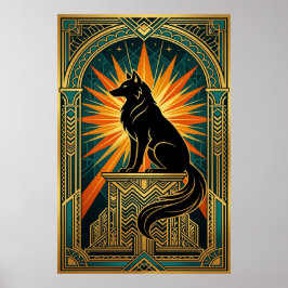 Poster Art Deco Howling Wolf Golden Sunburst