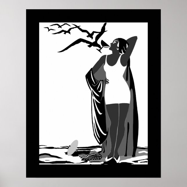 Poster ART DECO LADY Pássaros brancos pretos (Frente)
