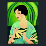 Poster Art Deco Lady with a Fan Green<br><div class="desc">Impressão em um retrato de Art Deco de uma senhora em um quimono,  segurando um fã,  contra um fundo abstrato verde jade</div>