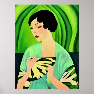 Poster Art Deco Lady with a Fan Green