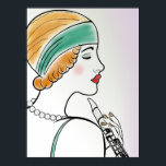 Póster Art Deco Lady with Clarinet<br><div class="desc">Linda linha digital do perfil de uma mulher segurando um clarinete em um estilo clássico de arte deco. Ela tem cabelos castanhos-claros e está vestindo uma pulseira e pérolas, e tem batom vermelho-coral. Seus olhos estão quase fechados, para que suas pestanas sejam apresentadas. Fundo é um gradiente de lavanda leve....</div>