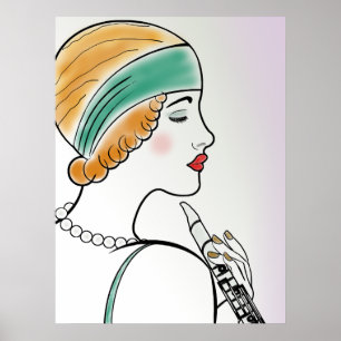 Póster Art Deco Lady with Clarinet