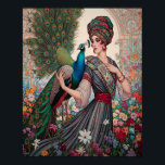 Poster Art Deco Lady With Peacock<br><div class="desc">Impressão de Art Deco,  com uma senhora em um turbante,  com seu pavão caminhando pelo seu jardim floral.</div>