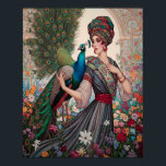 Poster Art Deco Lady With Peacock<br><div class="desc">Impressão de Art Deco,  com uma senhora em um turbante,  com seu pavão caminhando pelo seu jardim floral.</div>