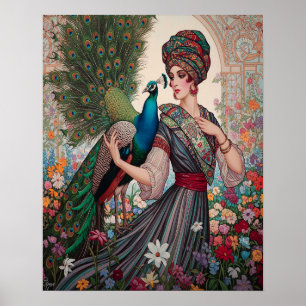 Poster Art Deco Lady With Peacock