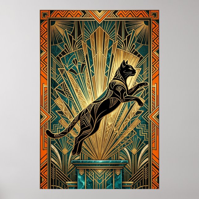 Poster Art Deco Leaping Black Cat Wall Art (Frente)