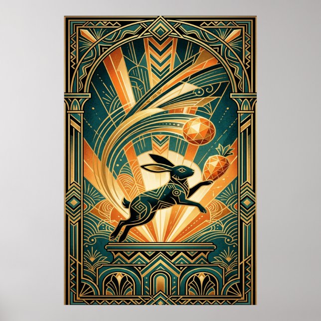 Poster Art Deco Leaping Rabbit Gold & Teal Art (Frente)
