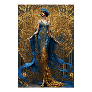 Póster Art Deco Linda Mulher Azul e Dourada