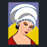 Poster Art Deco Modern Lady in a Turban<br><div class="desc">Poster num moderno,  semiabstrato,  a Arte Deco inspirou o retrato de uma senhora em vermelho com um turbante branco,  contra uma cinza amarela e azul</div>