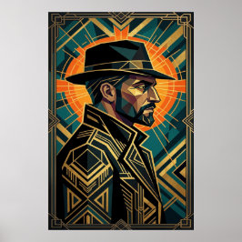 Poster Art Deco Noir Detective Fedora Profile Gold
