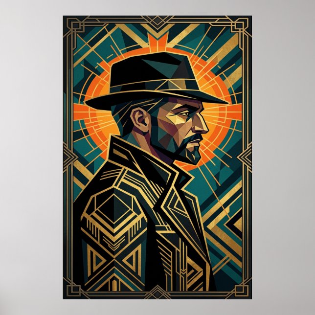 Poster Art Deco Noir Detective Fedora Profile Gold  (Frente)