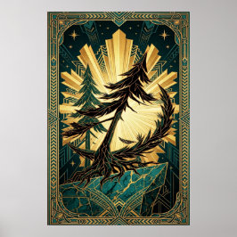 Poster Art Deco Pine Tree Silhouette Gold Teal Cliff Post