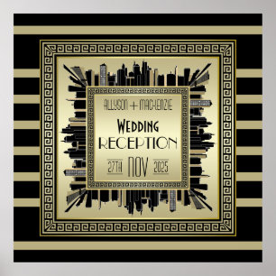 Poster Art Deco Recepção de casamento Champagne Dourado