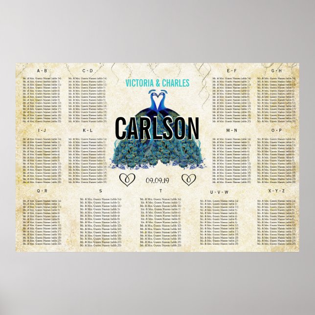 Póster Art Deco Roaring 20s Gatsby Peacock Seating Chart (Frente)