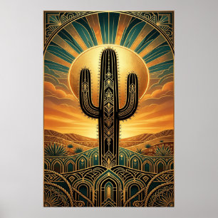 Poster Art Deco Saguaro Cacto Explosão Solar Deserto Dour