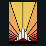 Póster Art deco sun no amanhecer<br><div class="desc">Um padrão solar clássico de deco de arte em cores de madrugada. Um padrão icônico da ascensão solar por trás de um edifício estilizado em forma de arte. Um design simples,  mas elegante,  verdadeiro à era.</div>