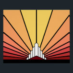 Póster Art deco sun no amanhecer<br><div class="desc">Um padrão solar clássico de deco de arte em cores de madrugada. Um padrão icônico da ascensão solar por trás de um edifício estilizado em forma de arte. Um design simples,  mas elegante,  verdadeiro à era.</div>