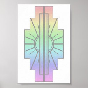 Poster Art Deco Sunburst Patterno em Pastéis
