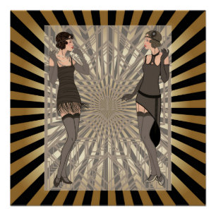 Póster Art deco, teste padrão, listras, ouro, preto,